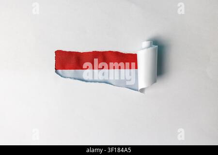 A creative studio shot featuring a clean white sheet of paper with a torn section in the middle, revealing a textured red and white fabric flag underneath. This visual metaphor represents discovering national identity, independence day, political breakthroughs, or patriotic revelations. High Quality Photo Stock Photo