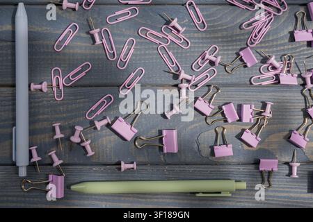 Pastel stationery accessories including paper clips, binder clips, push pins and pens for office organization, study and school supplies. Stock Photo