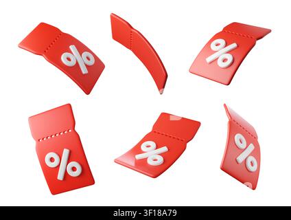 3D Flying red discount tags with percent signs, isolated on background. Template Blank voucher and Coupon ticket for promotion, sale, banners, online Stock Photo