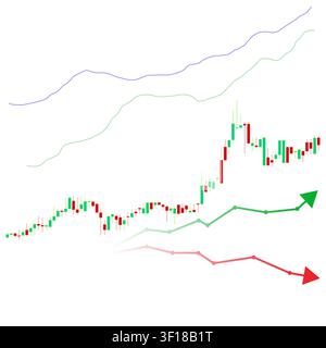Modern financial trading illustration featuring a candlestick chart with bullish and bearish trend indicators, upper and lower bands, green upward Stock Vector