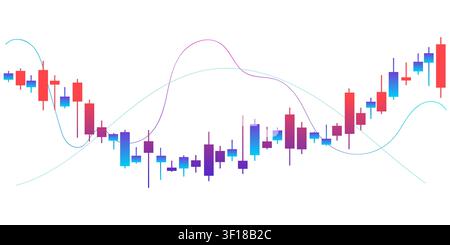 Minimal financial market illustration featuring colorful bullish and bearish candlestick bars with smooth moving average indicator lines Stock Vector
