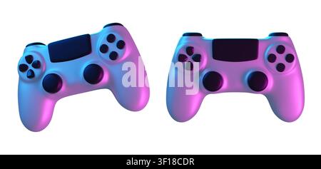 Set of 3d Gaming Controller, isolated on background. Gamepad with buttons and joysticks with vibrant neon lighting for video games, e-sports, console Stock Photo