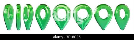 Glossy green 3D map location pin icons in different views. Transparent glass or plastic navigation markers isolated on background for GPS, map, travel Stock Photo