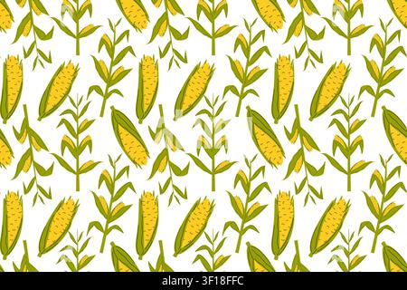 Seamless pattern with plants and corn cobs. Golden harvest repeat design. Vector illustration seasonal farmers market branding Stock Vector