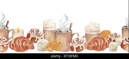 Watercolor Hygge Coffee, Cinnamon Roll Border, Cozy Autumn Pastry Seamless Garland, Christmas Hot Chocolate Clipart for Invitation, Cafe Menu. Vector Stock Vector