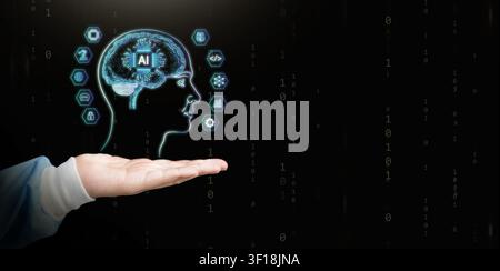 AI brain concept in doctor hand on dark copy space. Digital neural interface and chip technology. Artificial intelligence, machine learning, healthcar Stock Photo