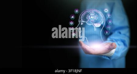 AI brain concept in human hand showing digital neural interface and chip technology. Artificial intelligence, machine learning, healthcare innovation, Stock Photo