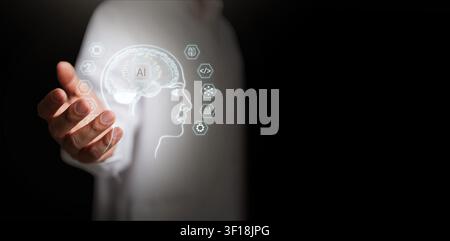 AI brain technology concept shown in human hand with digital interface. Artificial intelligence chip, neural network, machine learning, healthcare inn Stock Photo
