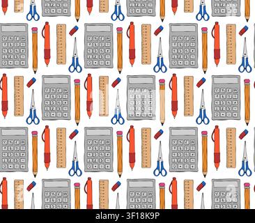 School supplies School seamless pattern colored hand drawn illustration. Vector graphic line ink art. Student accessories repeat background. prints, c Stock Vector