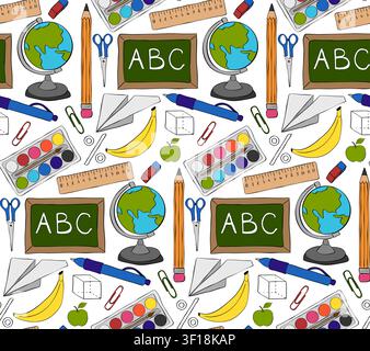 school supplies, books, and apples School seamless pattern colored hand drawn illustration. Vector graphic line ink art. education and learning. For l Stock Vector