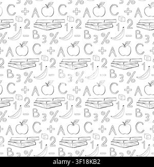 letters, numbers back to School seamless pattern black and white hand drawn illustration. Vector graphic line ink art. Silhouette sign for fashion, po Stock Vector