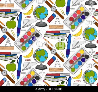 Back to School School seamless pattern colored hand drawn illustration. Vector graphic line ink art. notebooks, paint, backpacks and books for kids st Stock Vector