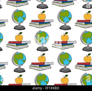 Globe, stack of Books, apple. School seamless pattern colored hand drawn illustration. Vector graphic line ink art. Geography lesson, Textbook. kids d Stock Vector