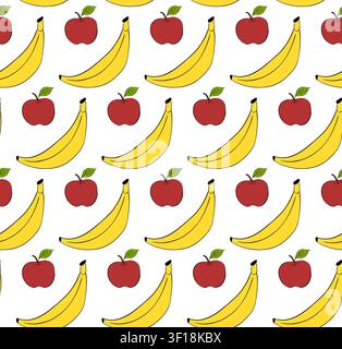 Apples and bananas School seamless pattern colored hand drawn illustration. Vector graphic line ink art. Decorative element for cafe and restaurant me Stock Vector