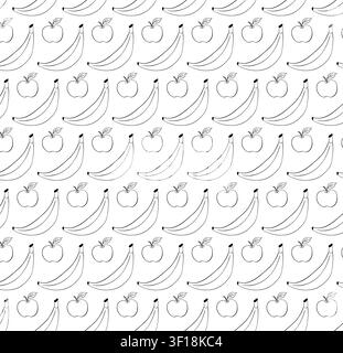 Apples and bananas School seamless pattern Black and white hand drawn illustration. Vector graphic line ink art. Decorative element and restaurant men Stock Vector
