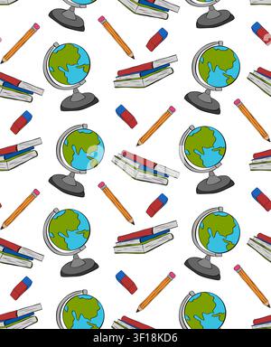 Globe, stack of Books, pencil. School seamless pattern colored hand drawn illustration. Vector graphic line ink art. Geography lesson, Textbook. kids Stock Vector