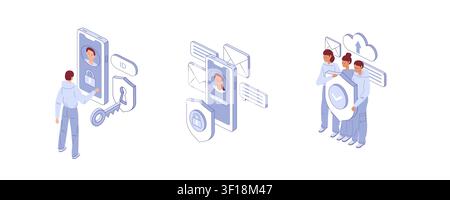 Personal data protection. Phones and people. Isometric vector. Great for privacy poster, cybersecurity blog, or secure app banner. Stock Vector