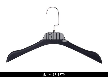 Black plastic clothes hanger with metal hook front view isolated on white background Stock Photo