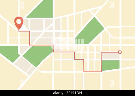 City Street Map Route Navigation Vector Illustration Flat Design Urban Road Path Location Pin GPS Direction Travel Guide Graphic Template Background Stock Vector