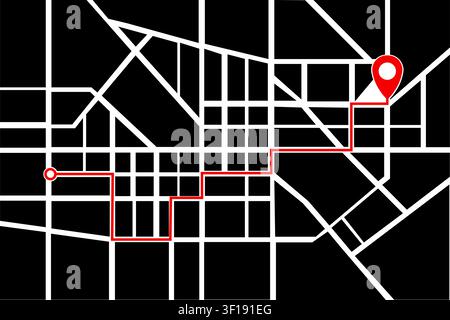 Dark City Street Map Route Navigation Vector Illustration Black Red Bold Urban Road Path Location Pin GPS Direction Travel Graphic Template Background Stock Vector
