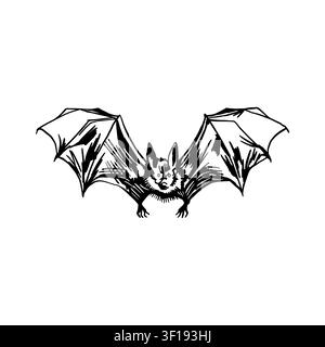 Flying bat with outspread wings. Hand drawn vector illustration in line art style. Black ink clip art for gothic banners, Halloween cards and Stock Vector
