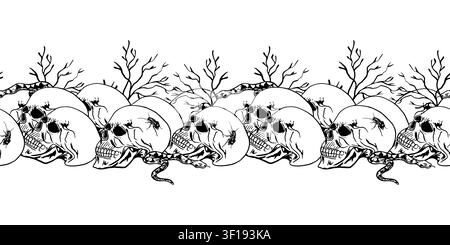 Halloween seamless border with human skulls, branches, snakes and cockroaches. Hand drawn vector illustration in a graphic style. Black ink clip art Stock Vector