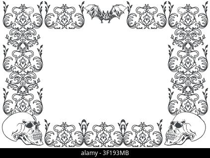 Human skulls in a rectangular frame in a graphic style with floral ornaments and a bat. Hand drawn vector illustration with a white background. Black Stock Vector