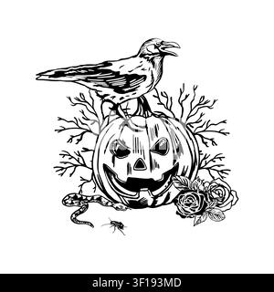 Crow standing on a pumpkin, a crawling snake, tree branches and roses. Hand drawn vector illustration in line art style. Black ink clip art for Stock Vector