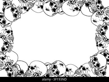 Human skulls in a rectangular frame in a graphic style. Hand drawn vector illustration with a white background. Black ink clip art for Halloween, Day Stock Vector