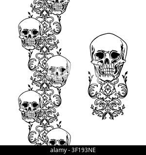 Halloween seamless border with human skulls and floral ornaments, vertical. Hand drawn vector illustration in a graphic style. Black ink clip art for Stock Vector