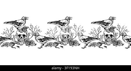 Halloween seamless border with human skulls, crows, roses, snakes and branches. Hand drawn vector illustration in a graphic style. Black ink clip art Stock Vector
