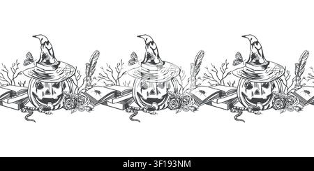 Halloween pumpkin seamless border with books, roses, a snake and branches. Hand drawn vector illustration in line art style. Black ink clip art for Stock Vector