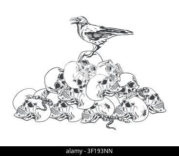 Human skulls lying in a large pile with a crow standing on top. Hand drawn vector illustration in line art style. Black ink clip art for Halloween Stock Vector