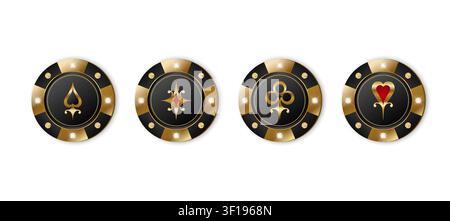 Golden casino chips with playing card suit symbols and gemstones. Luxury golden poker chip design set. Vector illustration Stock Vector