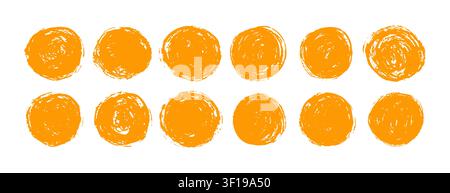 Brush sun rough. Collection of orange sunburst icons. Japanese aesthetic. Squiggles, ink blobs, and brushstroke texture. Vintage stamp or sticker set Stock Vector