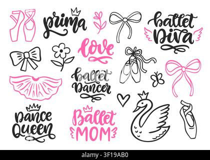 Ballet vector with ballerina element lettering set Stock Vector