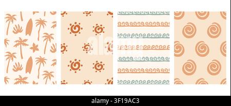 Tropical summer palm trees, sun vector pattern set Stock Vector