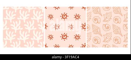 Boho beach pattern set with coral, sun, shells Stock Vector