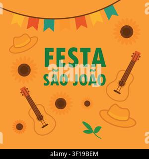 Brazilian Festa Junina Poster with Guitars, Hats, Sunflowers, and Colorful Flags background orange Stock Vector