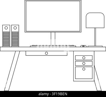A Simple black and white drawing of a computer monitor keyboard, mouse and lamp on a desk Stock Vector