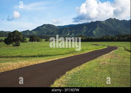 Winding road through lush green pastures and dramatic volcanic mountains under blue sky, Kauai, Hawaii, USA Stock Photo