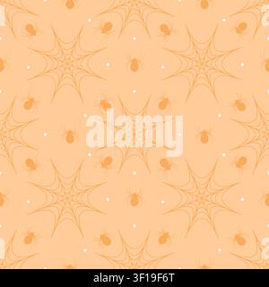 Cute seamless pattern of pastel orange background with dark orange spiders and spiderwebs. Minimalist creepy cute repeating background in kawaii style Stock Vector