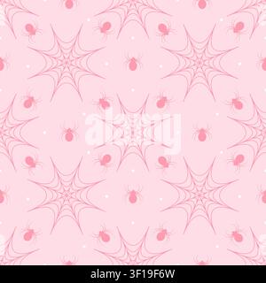 Cute seamless pattern of pastel pink background with dark pink spiders and spiderwebs. Minimalist creepy cute repeating background in kawaii style for Stock Vector