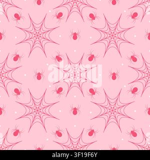 Cute seamless pattern of pastel red background with dark red spiders and spiderwebs. Minimalist creepy cute repeating background in kawaii style for t Stock Vector