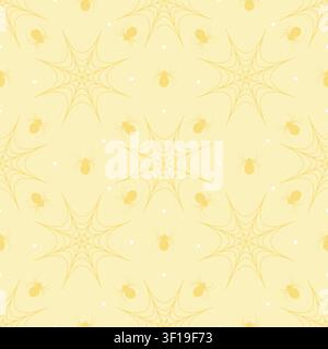 Cute seamless pattern of pastel yellow background with dark yellow spiders and spiderwebs. Minimalist creepy cute repeating background in kawaii style Stock Vector