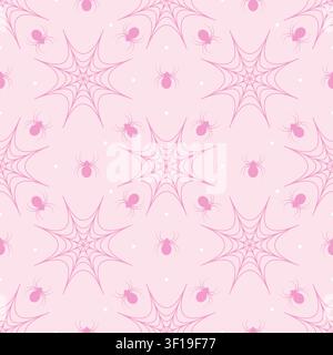 Cute seamless pattern of pastel rose pink background with dark rose spiders and spiderwebs. Minimalist creepy cute repeating background in kawaii styl Stock Vector