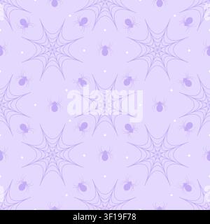 Cute seamless pattern of pastel purple background with dark purple spiders and spiderwebs. Minimalist creepy cute repeating background in kawaii style Stock Vector