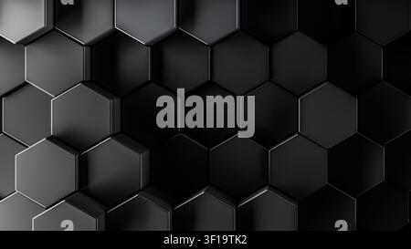 3d render of geometric tech pattern or dark abstract hexagon background. Smooth black honeycomb shapes for dark shadowy backgrounds. Stock Photo