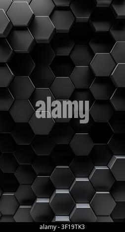 3d render of geometric tech pattern or dark abstract hexagon background. Smooth black honeycomb shapes for dark shadowy backgrounds. Stock Photo