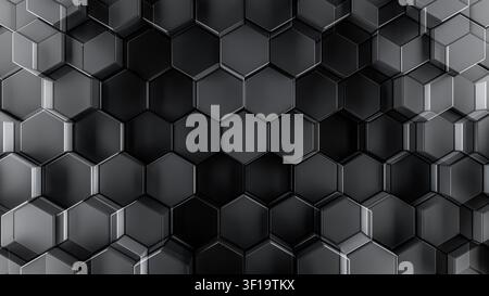 3d render of geometric tech pattern or dark abstract hexagon background. Smooth black honeycomb shapes for dark shadowy backgrounds. Stock Photo